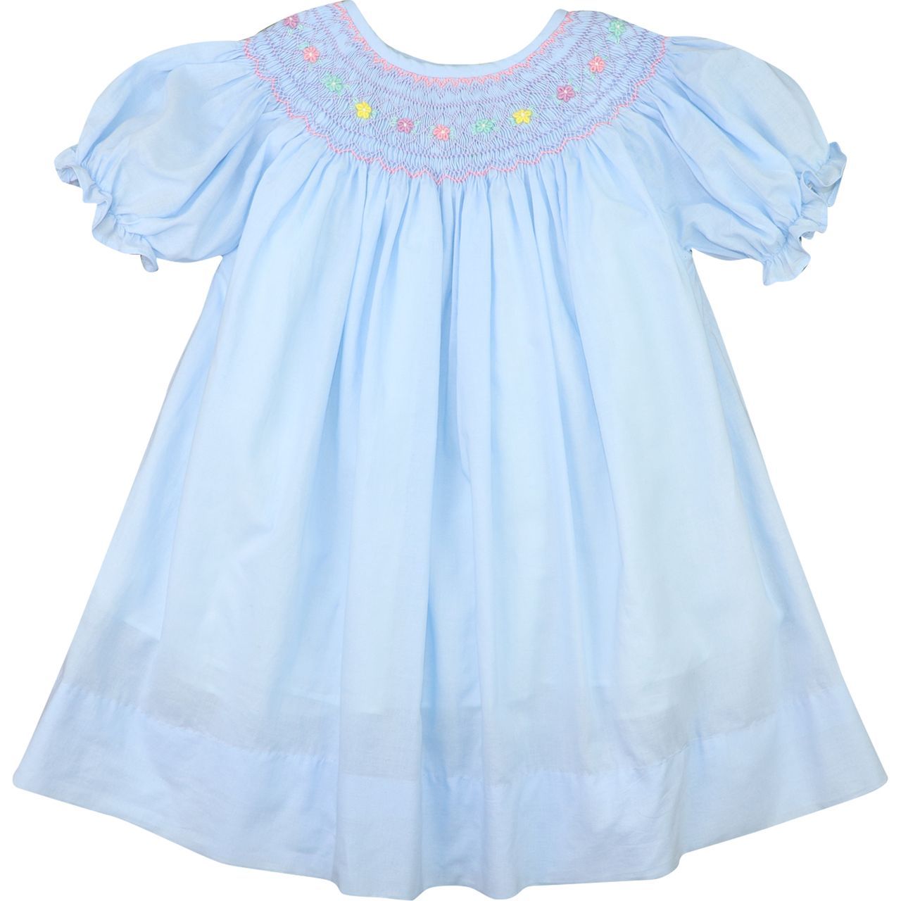 Blue Smocked Embroidered Flowers Dress