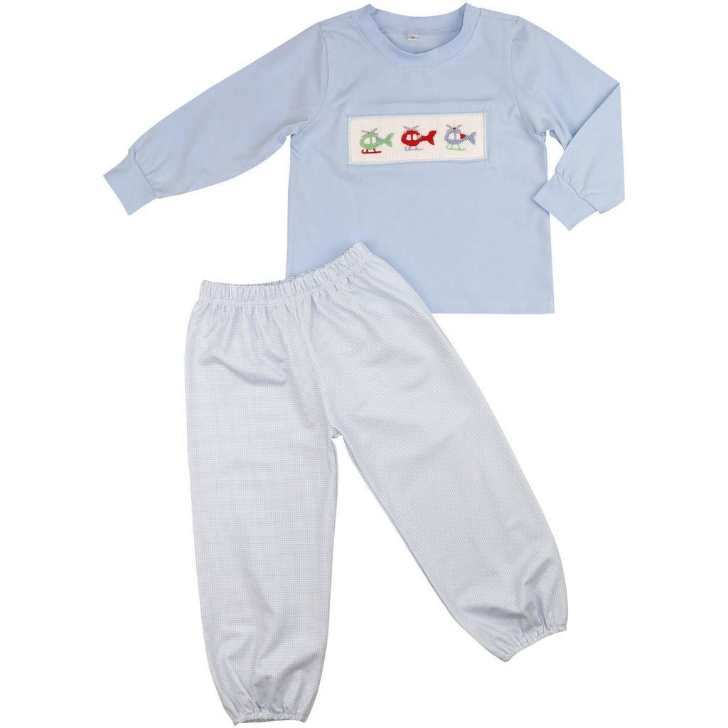 Blue Smocked Helicopter Ankle Pant Set