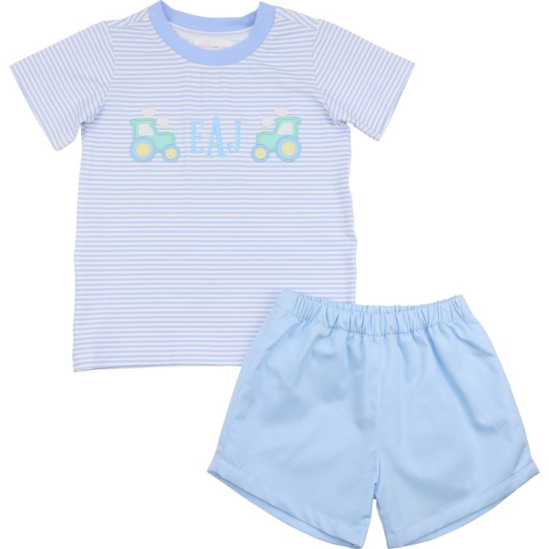 Blue Stripe Applique Tractor Short Set