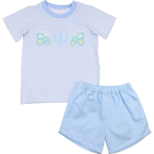 Blue Stripe Applique Tractor Short Set