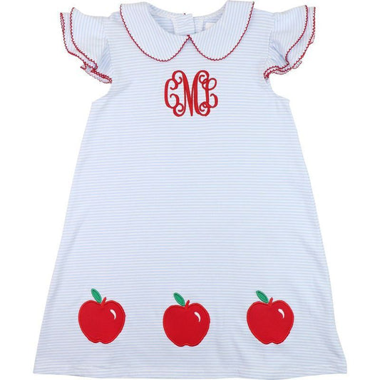 Blue Stripe Knit Applique Apple Dress