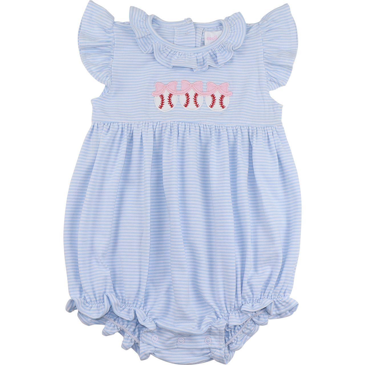Blue Stripe Knit Applique Baseball Ruffle Bubble - Cecil & Lou