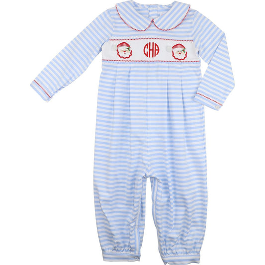 Blue Stripe Knit Applique Santa Long Romper