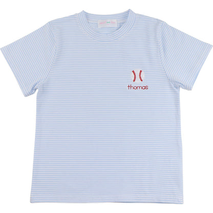 Blue Stripe Knit Embroidered Baseball Shirt
