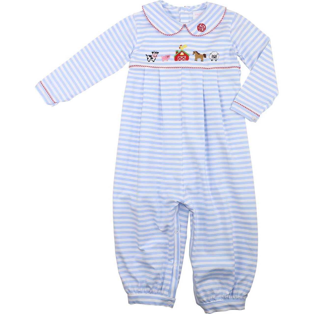 Blue Stripe Knit Embroidered Farm Long Romper
