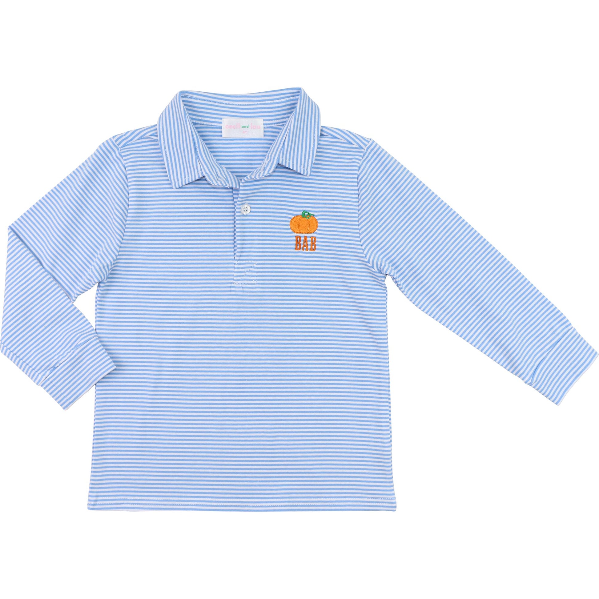 Blue Stripe Knit Embroidered Pumpkin Polo Shirt