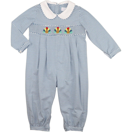 Blue Stripe Knit Embroidered Turkeys Long Romper