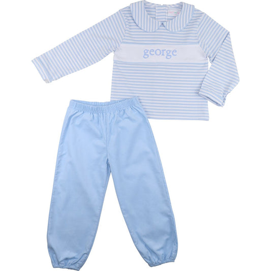 Blue Stripe Knit Insert Ankle Pant Set