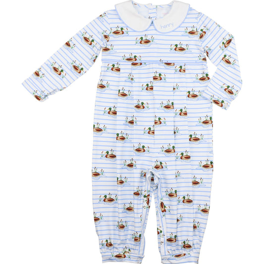 Blue Stripe Knit Mallard Print Long Romper