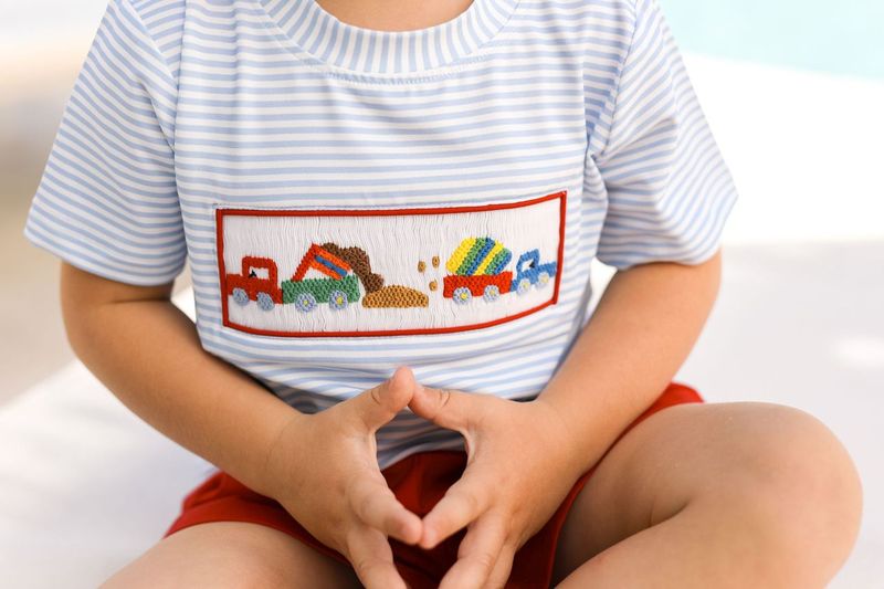 Blue Stripe Knit Smocked Diggers Short Set
