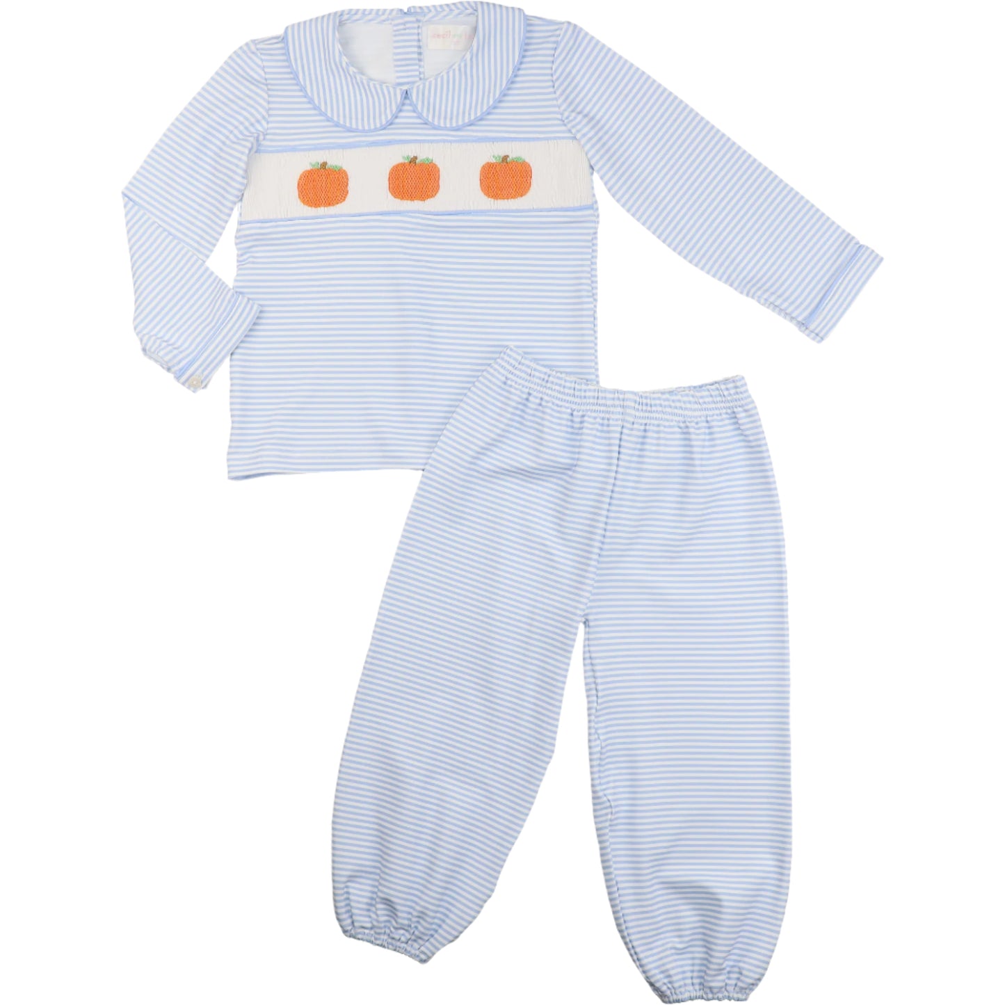 Blue Stripe Knit Smocked Pumpkin Ankle Pant Set