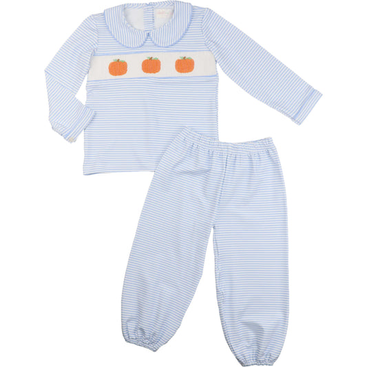 Blue Stripe Knit Smocked Pumpkin Ankle Pant Set