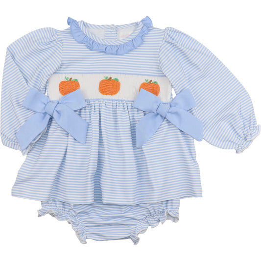 Blue Stripe Knit Smocked Pumpkin Diaper Set
