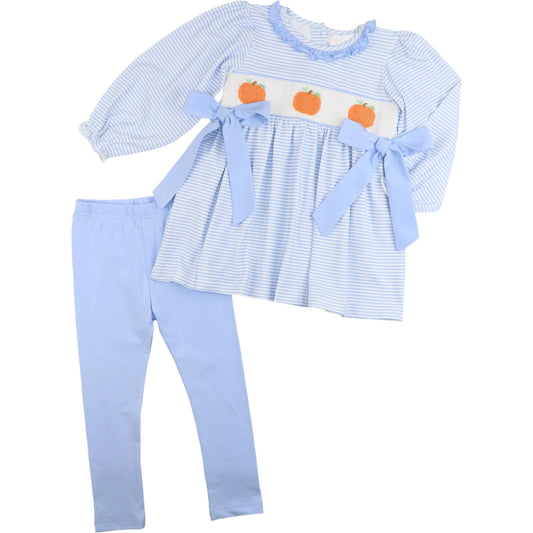 Blue Stripe Knit Smocked Pumpkin Legging Set