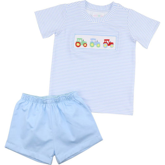 Blue Stripe Smocked Tractor Short Set