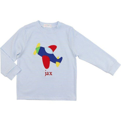 Blue Striped Knit Applique Airplane Shirt