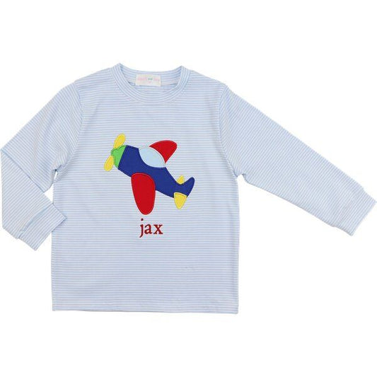 Blue Striped Knit Applique Airplane Shirt