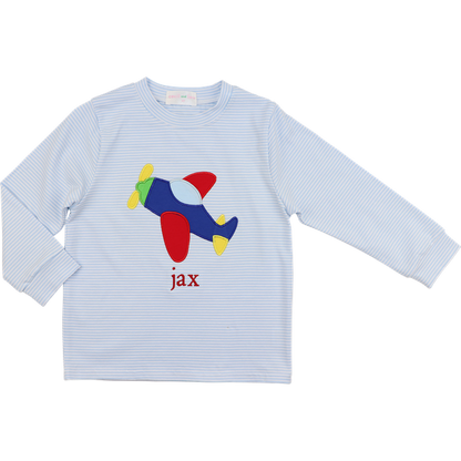 Blue Striped Knit Applique Airplane Shirt