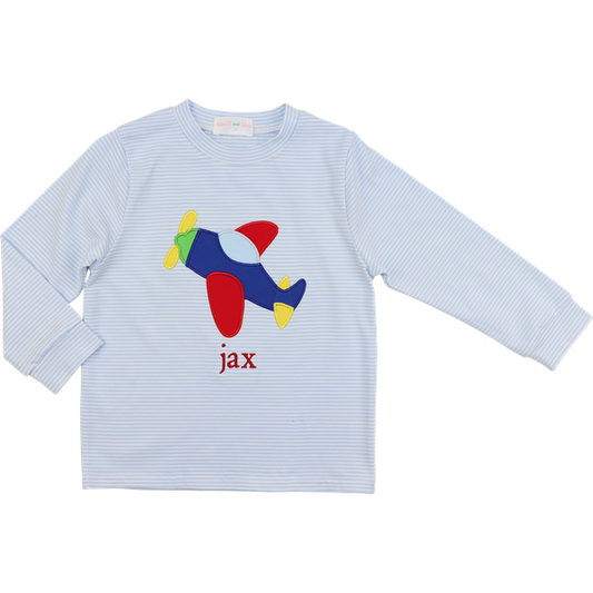 Blue Striped Knit Applique Airplane Shirt