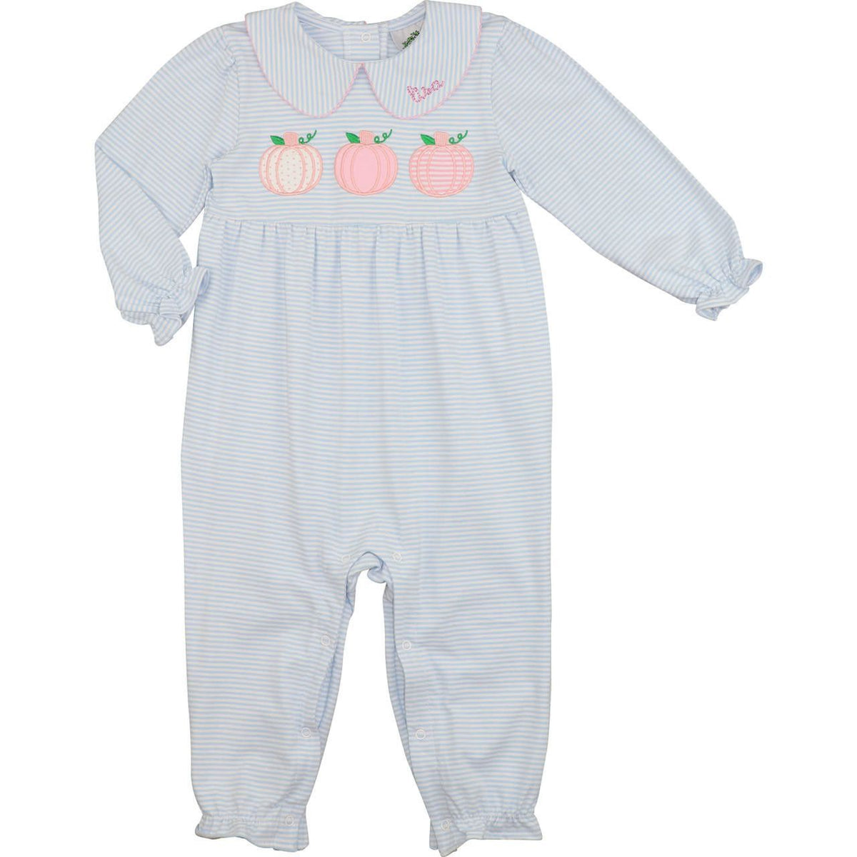 Blue Striped Knit Applique Pumpkins Long Bubble