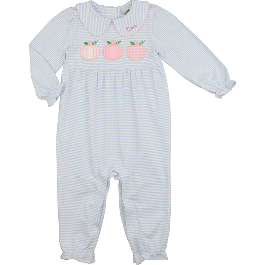 Blue Striped Knit Applique Pumpkins Long Bubble