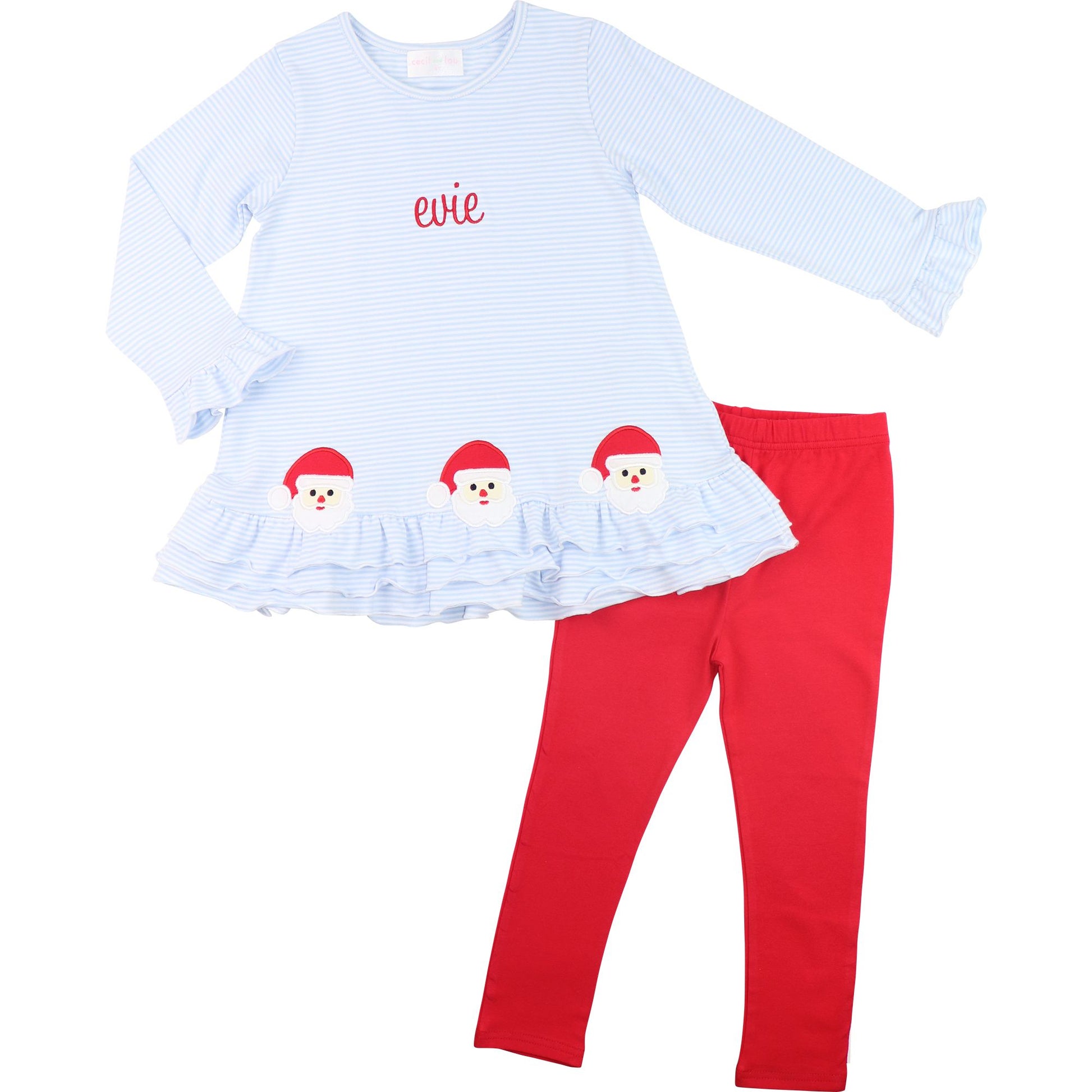 Blue Striped Knit Applique Santa Legging Set