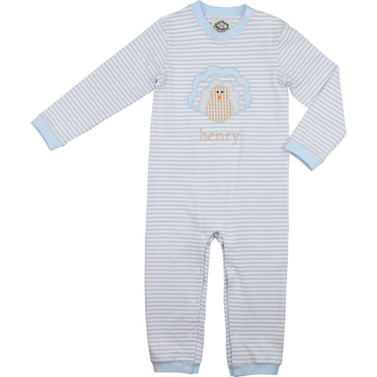 Boy blue and white stripes with a turkey and monogram "henry" on a white background