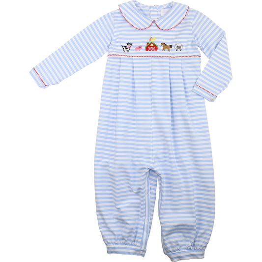 Blue Striped Knit Embroidered Farm Long Romper