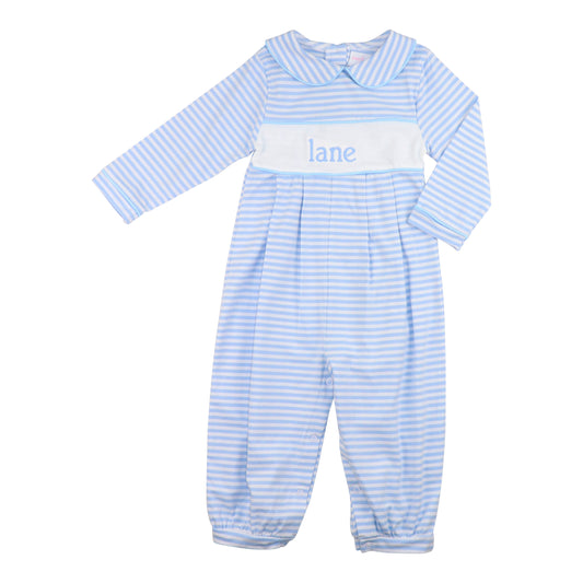 Blue Striped Knit Insert Long Romper