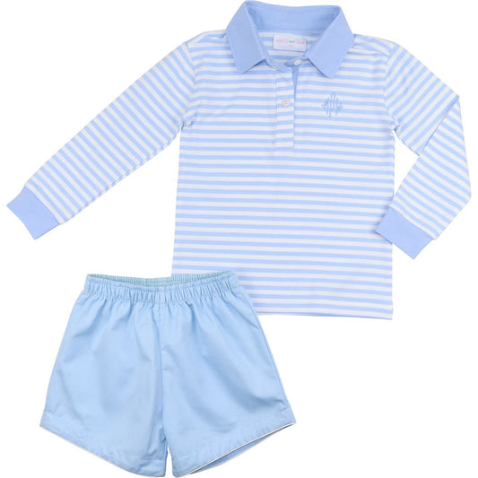 Blue Striped Knit Polo Short Set