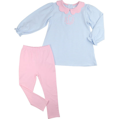 Blue Striped Knit Scalloped Collar Legging Set