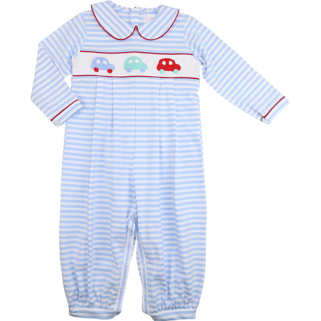 Blue Striped Knit Smocked Cars Long Romper