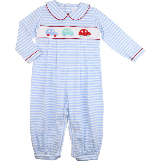 Blue Striped Knit Smocked Cars Long Romper