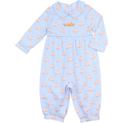 Blue Striped Pumpkin Print Knit Long Romper