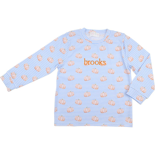 Blue Striped Pumpkin Print Knit Shirt