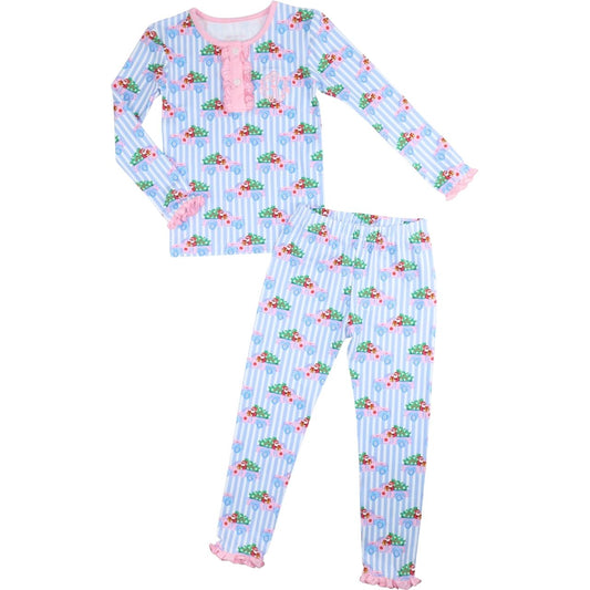 Blue Striped Santa Truck Knit Pajamas1