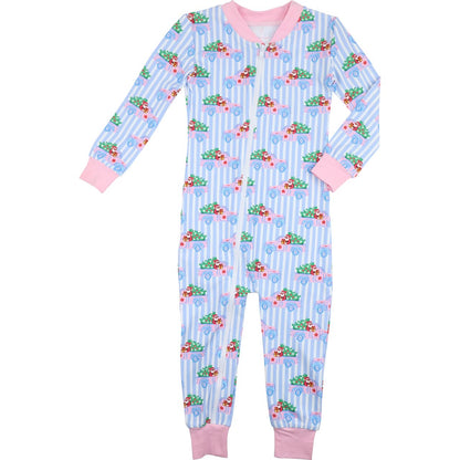 Blue Striped Santa Truck Knit Zipper Pajamas