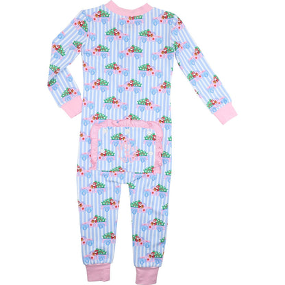 Blue Striped Santa Truck Knit Zipper Pajamas