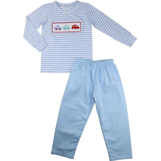 Blue Striped Smocked Cars Pant Set