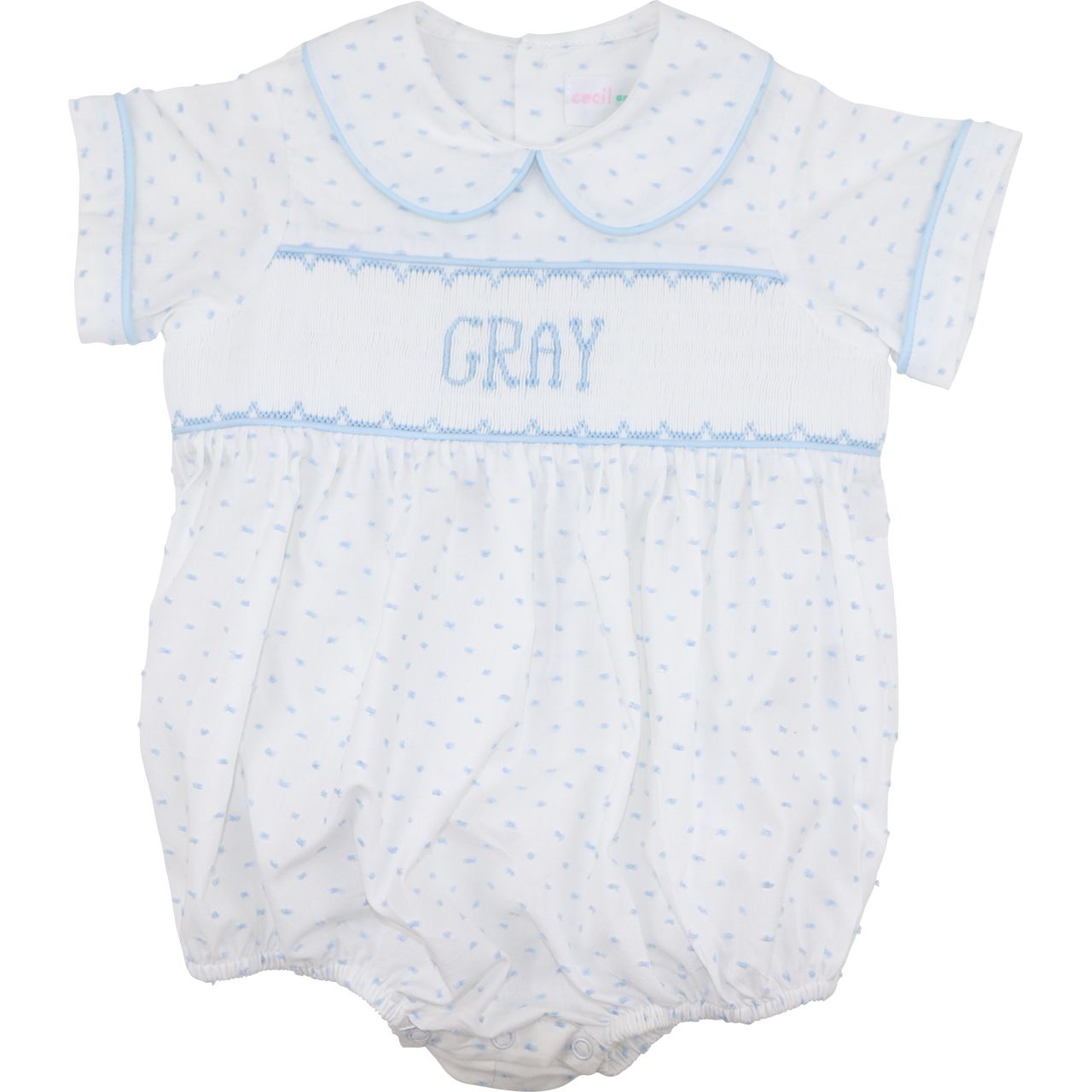 Blue Swiss Dot Custom Smocked Bubble