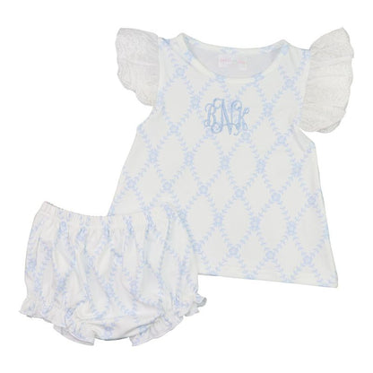 Blue Trellis Knit Eyelet Diaper Set