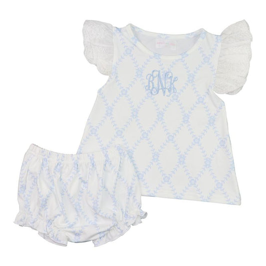 Blue Trellis Knit Eyelet Diaper Set