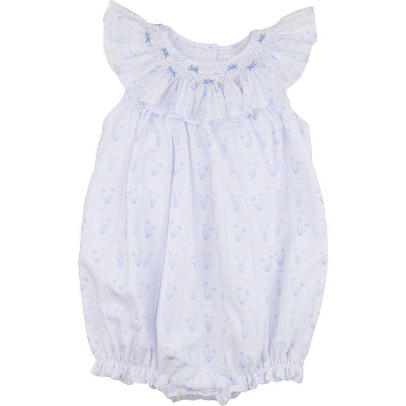 White baby bubble with blue floral pattern on a white background