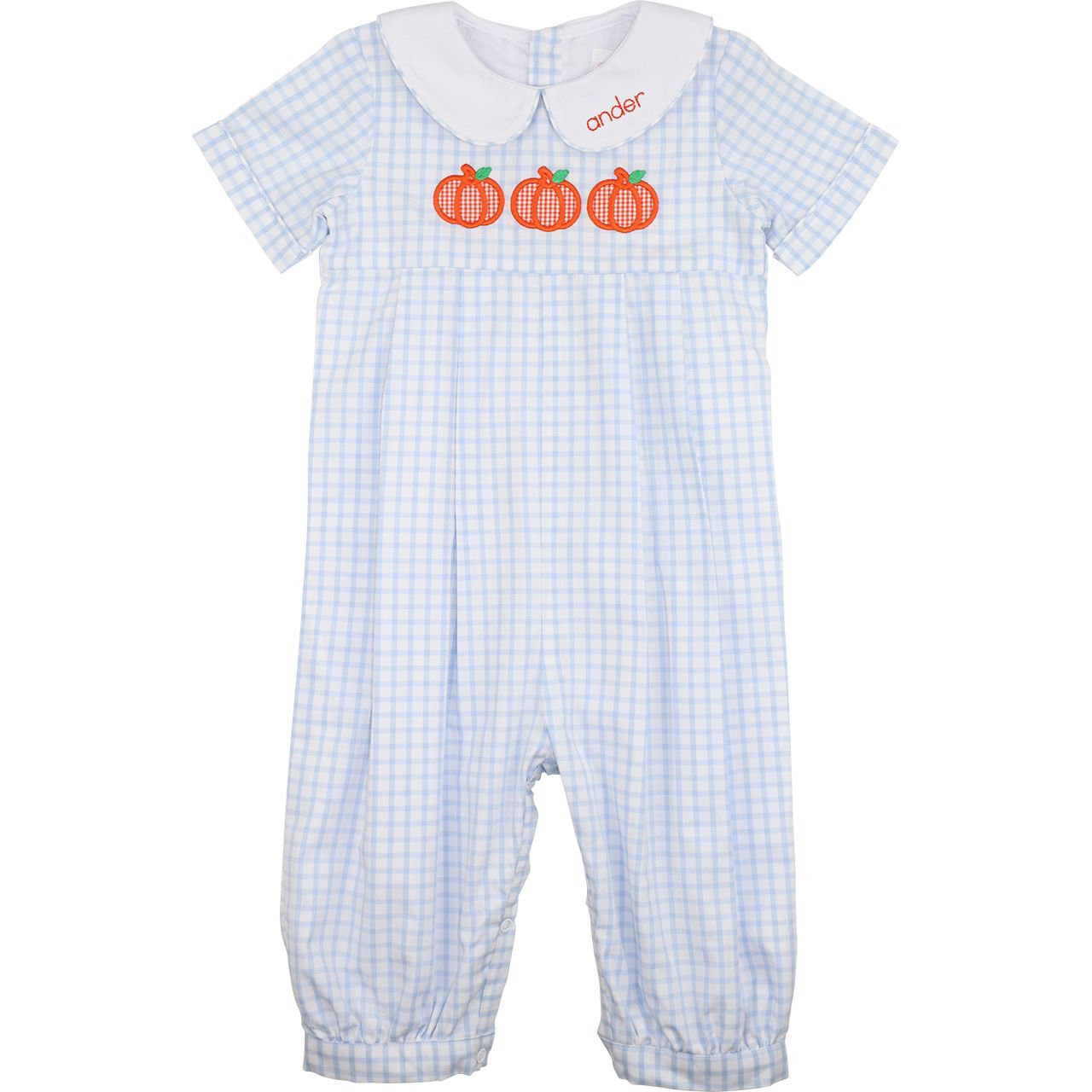 Blue Windowpane Applique Pumpkin Long Romper