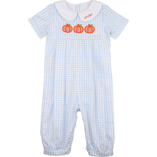 Blue Windowpane Applique Pumpkin Long Romper