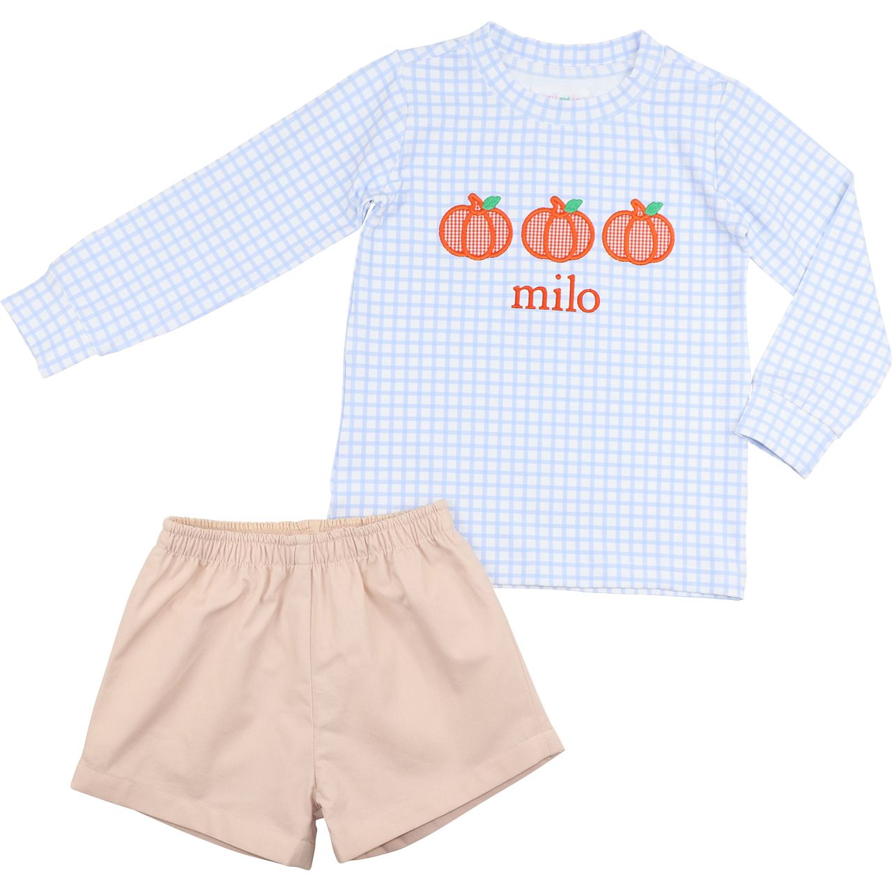 Blue Windowpane Applique Pumpkin Short Set