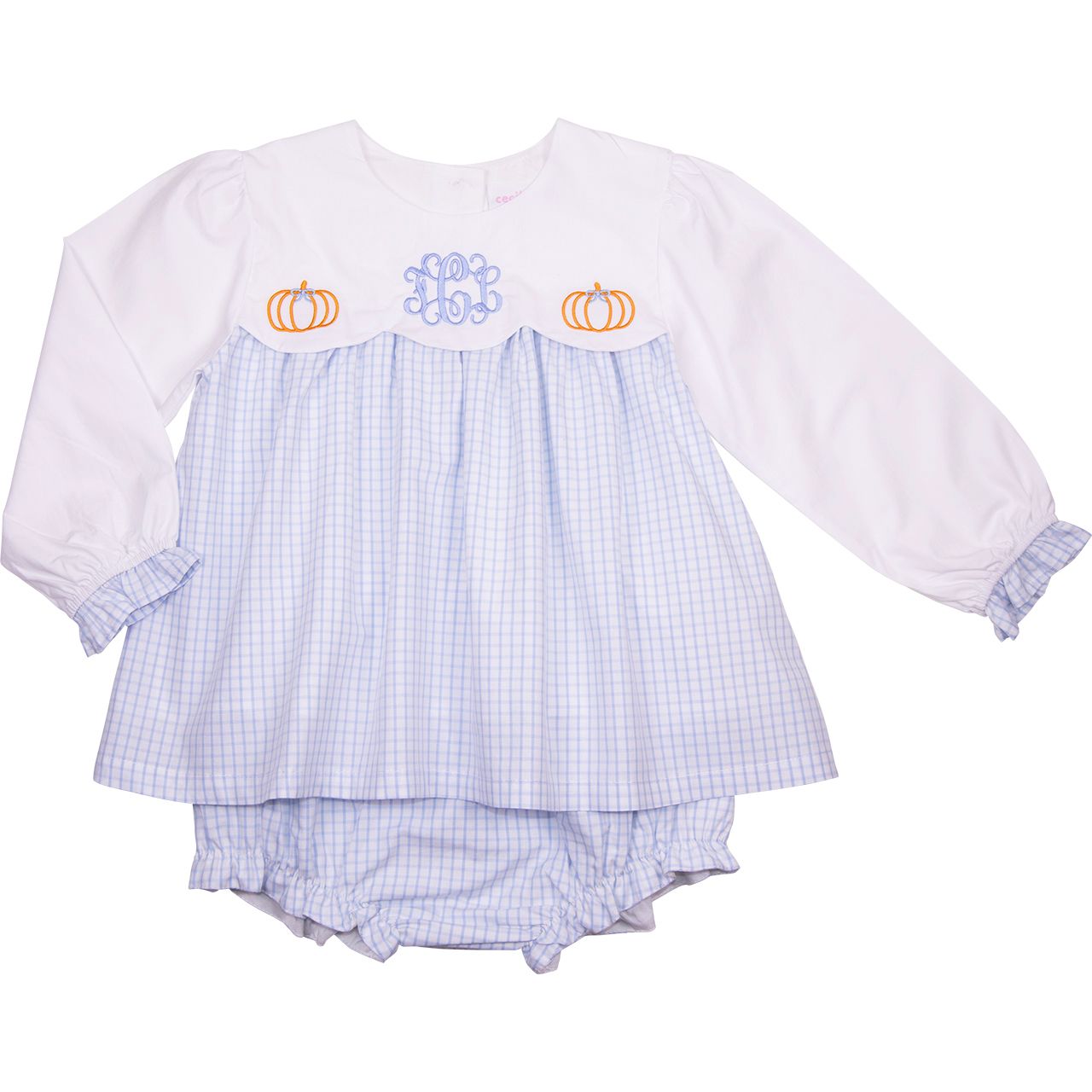 Blue Windowpane Embroidered Pumpkin Diaper Set