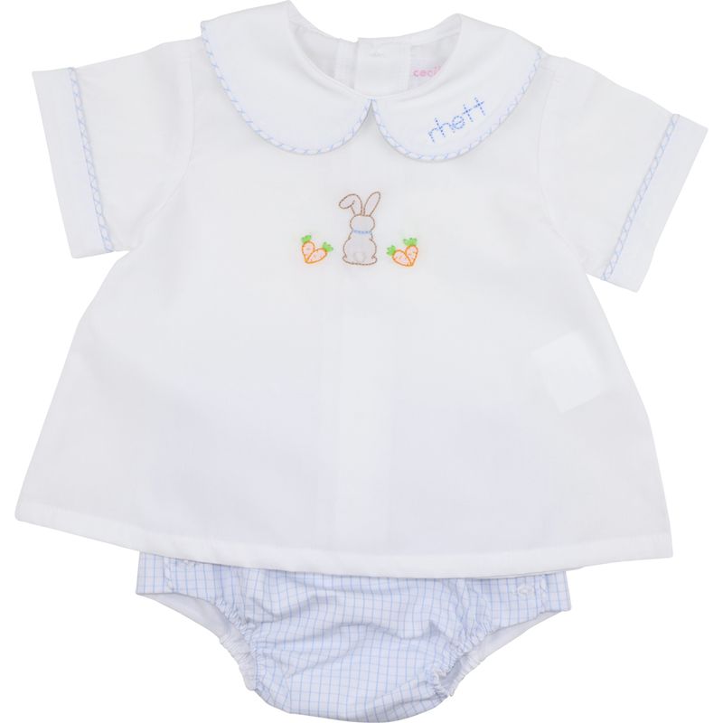 Blue Windowpane Shadow Embroidered Bunny Diaper Set