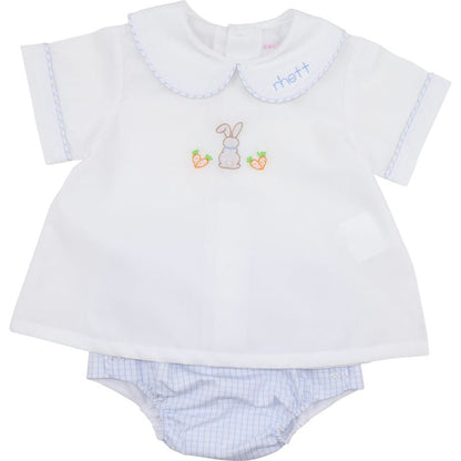 Blue Windowpane Shadow Embroidered Bunny Diaper Set