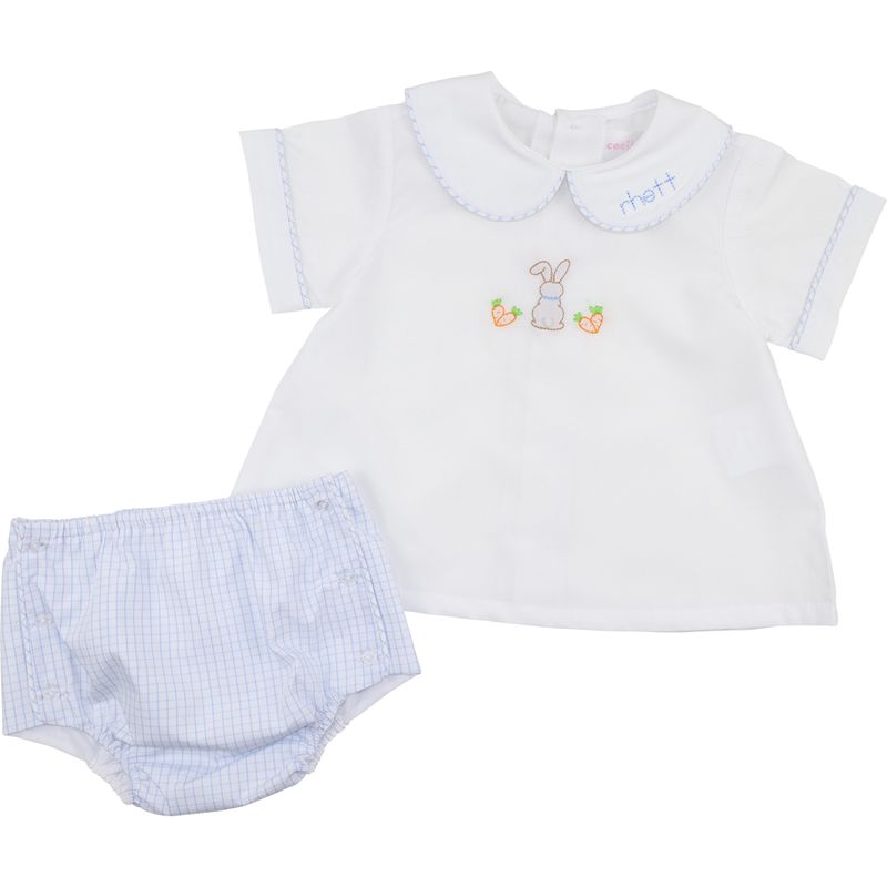Blue Windowpane Shadow Embroidered Bunny Diaper Set